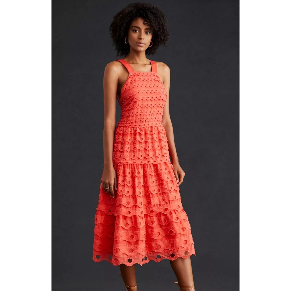 Anthropologie‎ Maeve Eyelet Tiered Midi Dress Coral Red Cotton 16W NWT Wedding